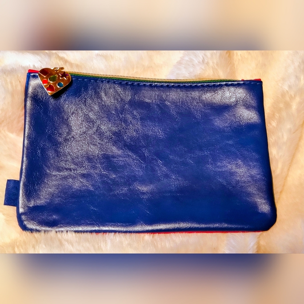 Ipsy Blue and Pink Cosmetic Bag Rhinestone Heart Zipper